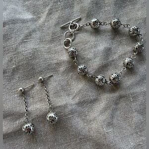 Filigree sterling ball bracelet and drop earrings. 7.5-8.5 inches